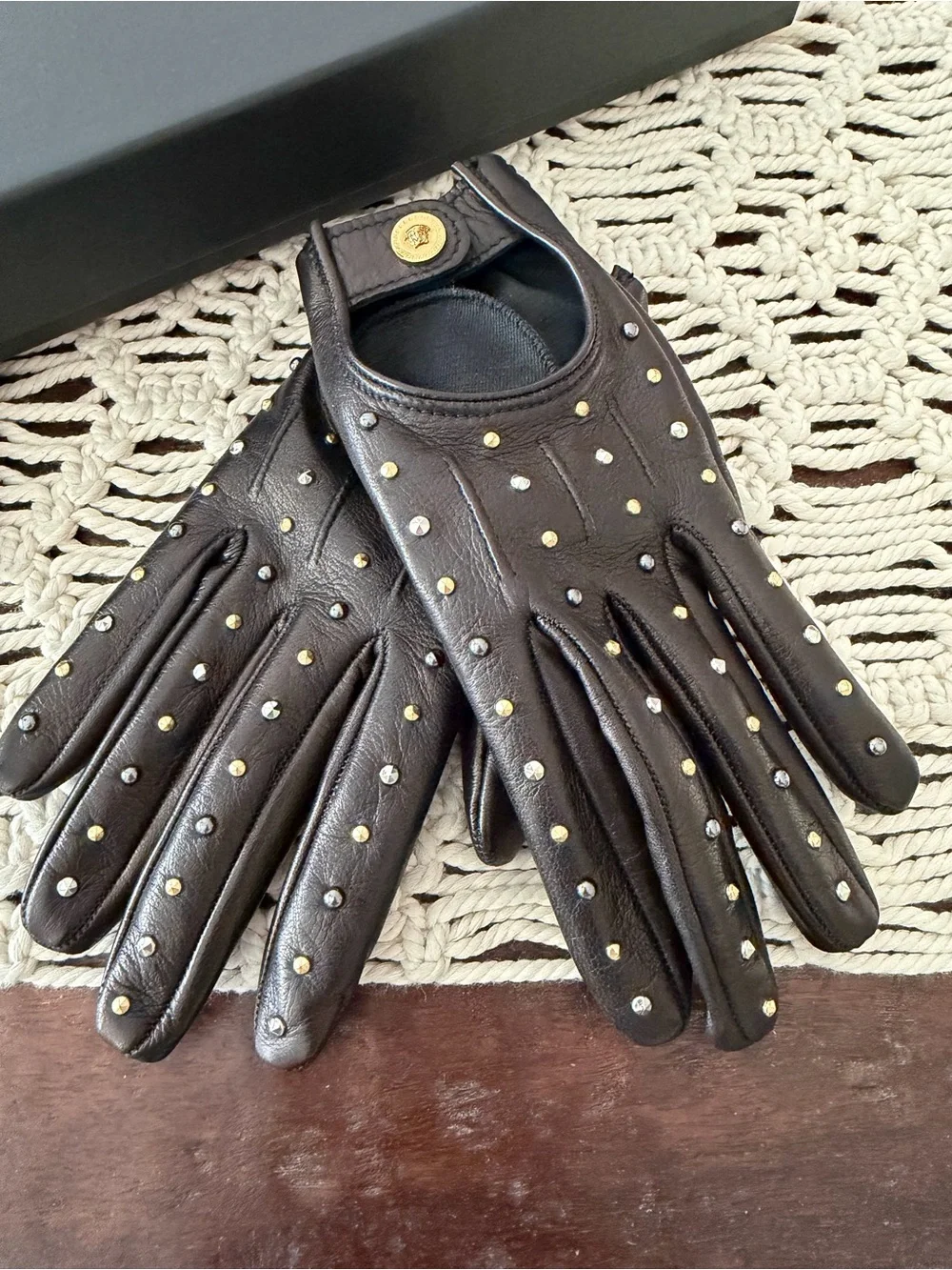 Versace Studded Lambskin Leather Gloves - Black - Size 7 1/2 - New With Tags